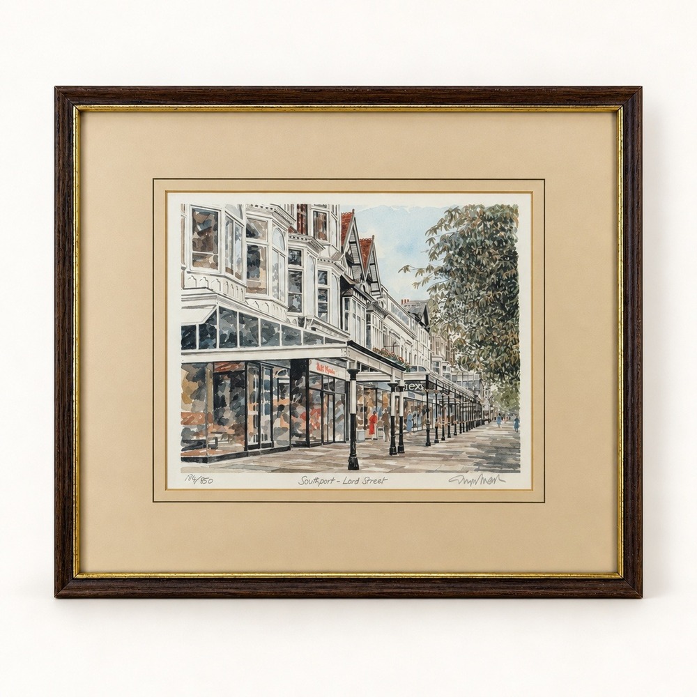 Framed Southport Lord Street Print, English Townscape Artwork, Dark Wood Frame